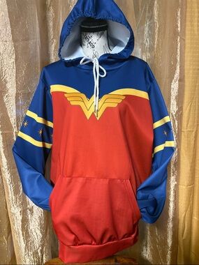 Wonder-Inspired Blue & Red Women's Hooded Pullover Jacket